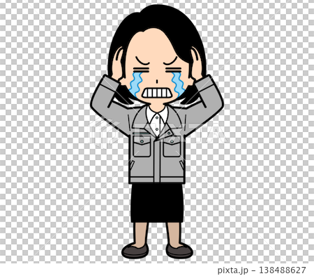 A female office worker with a one-curl bob haircut is holding her head in her hands and crying. 138488627