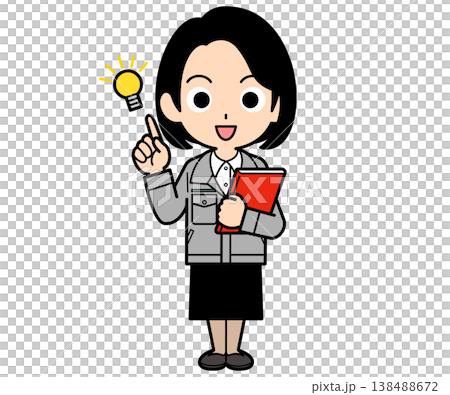 A female office worker with a one-curl bob haircut, holding a file, has an idea come to her. 138488672
