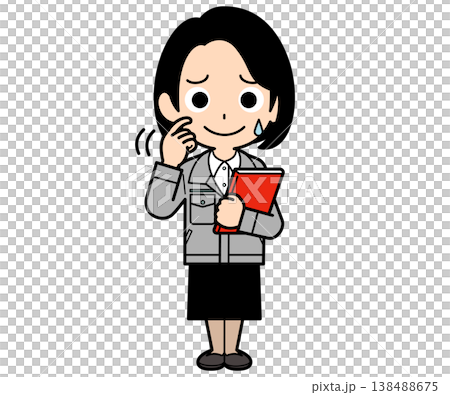 A female office worker with a one-curl bob haircut looks flustered while holding a file. 138488675