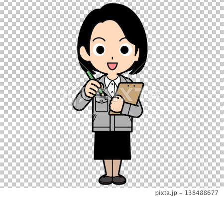 A female office worker with a one-curl bob haircut takes notes while holding a binder. 138488677