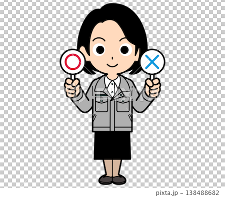 A female office worker with a one-curl bob haircut holds both a checkmark and an X. 138488682
