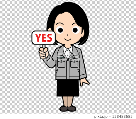 A female office worker with a one-curl bob haircut holding a "YES" sign. 138488683