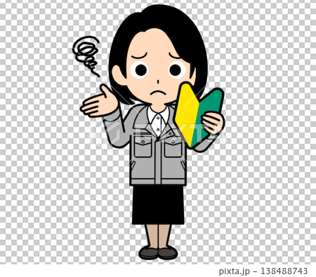 一位留著單卷波波頭的女上班族拿著新手駕駛貼紙,一臉困惑。 一位留著單卷波波頭的女上班族拿著新手駕駛貼紙,一臉困惑。 138488743