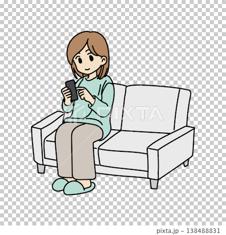 一幅簡單的插圖,描繪了一位女士在沙發上使用智慧型手機的情景。 一幅簡單的插圖,描繪了一位女士在沙發上使用智慧型手機的情景。 138488831