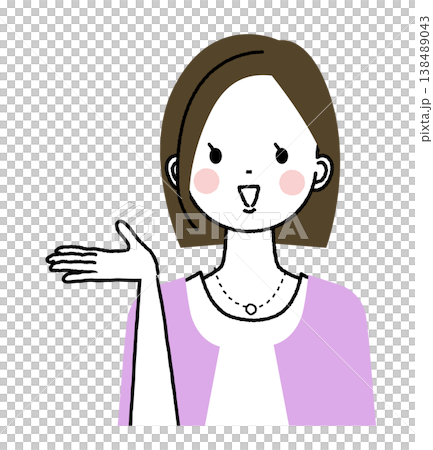 ボブヘアでオフィスカジュアルファッションの女性 どうぞのポーズをしている女性 ボブヘアでオフィスカジュアルファッションの女性 どうぞのポーズをしている女性 138489043