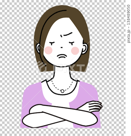 ボブヘアでオフィスカジュアルファッションの女性 険しい表情で腕組みをしている女性 ボブヘアでオフィスカジュアルファッションの女性 険しい表情で腕組みをしている女性 138489050