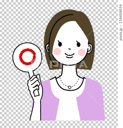 一位留著波波頭、穿著休閒職業裝的女士；一位手持圓形標語牌的女士。 138489054