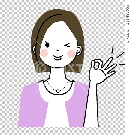 A woman with bobbed hair and office casual attire is winking and making an OK sign. A woman with bobbed hair and office casual attire is winking and making an OK sign. 138489055