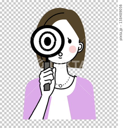 A woman with bobbed hair and office casual attire is looking at a woman with a magnifying glass. 138489056