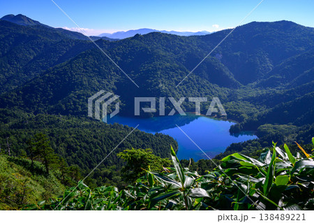 初秋の志賀高原・裏志賀山から望む大沼池の絶景（長野県・青空と緑の山並み） 138489221