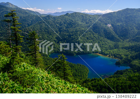 初秋の志賀高原・裏志賀山から望む大沼池の絶景(長野県・青空と緑の山並み) 初秋の志賀高原・裏志賀山から望む大沼池の絶景(長野県・青空と緑の山並み) 138489222