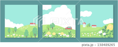 朝の丘と花畑を3つのフレームで見せる手描き風背景素材 138489265