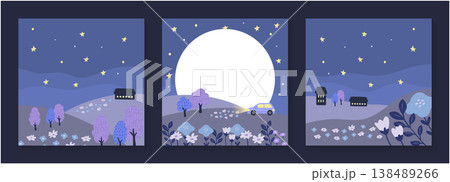 月夜の丘と星空を3枚構成で描いた手描き風 背景素材 月夜の丘と星空を3枚構成で描いた手描き風 背景素材 138489266