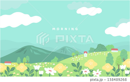 やわらかな朝空と白い雲の下に広がる花咲く丘の手描き風背景素材 138489268