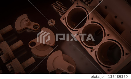 Engine Cylinder Block And Pistons Mechanical Parts 3d render. Engine Cylinder Block And Pistons Mechanical Parts 3d render. 138489389