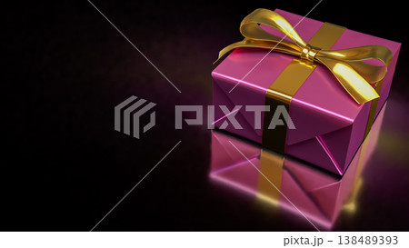 Luxury Pink Gift Box With Golden Ribbon On Dark Background 3d render. Luxury Pink Gift Box With Golden Ribbon On Dark Background 3d render. 138489393