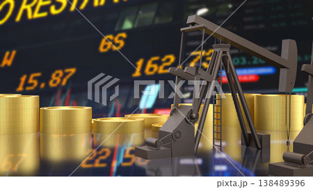 Oil Pump Jack With Stock Market And Gold Coins Concept 3d render. Oil Pump Jack With Stock Market And Gold Coins Concept 3d render. 138489396