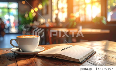 カフェで勉強や仕事をする風景とコーヒーの背景素材 138489497