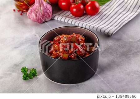 Roasted chicken hearts with vegetables 138489566