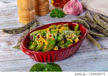 Steamed green beans with egg scramble Steamed green beans with egg scramble 138489571