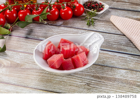 Raw tuna fish cubes heap Raw tuna fish cubes heap 138489758