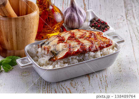 Japanese style cuisine - grilled eel with rice Japanese style cuisine - grilled eel with rice 138489764