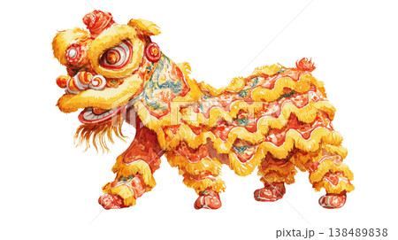 Watercolor golden and red lion dance is traditional Chinese new year clip art illustration isolated on white background 138489838
