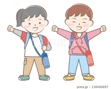 リュックを背負って遠足に行く子供たちのイラスト リュックを背負って遠足に行く子供たちのイラスト 138489897