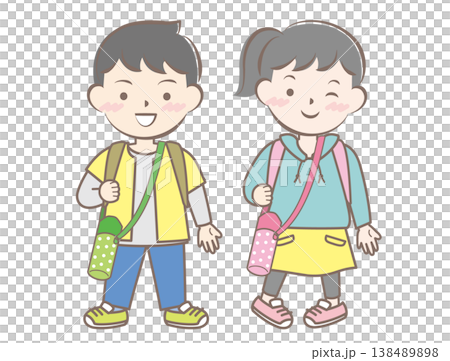 An illustration of children going on a field trip with backpacks on their backs. 138489898