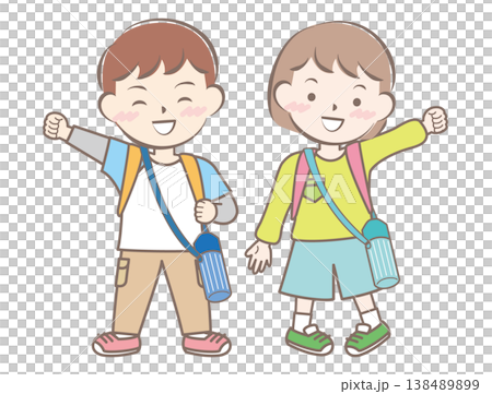 An illustration of children going on a field trip with backpacks on their backs. 138489899