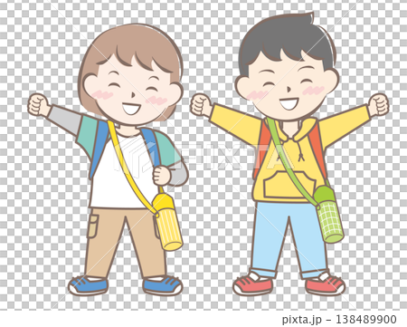 An illustration of children going on a field trip with backpacks on their backs. 138489900