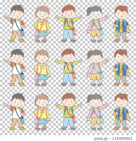 一幅描繪孩子們背著書包去郊遊的插圖。 138489901