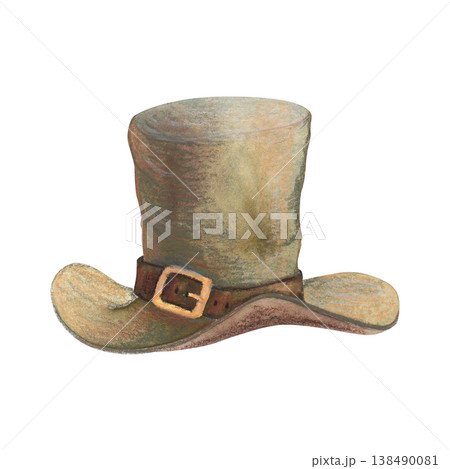 Traditional drown and green color leprechaun hat with belt and gold buckle, watercolor illustration. Top Hat for St. Patrick's Day Design Element for poster and card Traditional drown and green color leprechaun hat with belt and gold buckle, watercolor illustration. Top Hat for St. Patrick's Day Design Element for poster and card 138490081