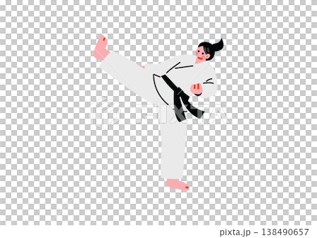 Illustration of a woman performing a karate kick. 138490657