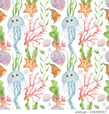 Cartoon seamless pattern of cute marine animals, sea life Cartoon seamless pattern of cute marine animals, sea life 138490917