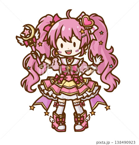 ピンクのツインテールでステッキを持つ魔法少女ちびキャライラスト(ファンタジー・アニメ・コスプレ)ブロ ピンクのツインテールでステッキを持つ魔法少女ちびキャライラスト(ファンタジー・アニメ・コスプレ)ブロ 138490923