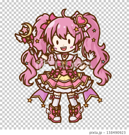 ピンクのツインテールでステッキを持つ魔法少女ちびキャライラスト(ファンタジー・アニメ・コスプレ)ブロ ピンクのツインテールでステッキを持つ魔法少女ちびキャライラスト(ファンタジー・アニメ・コスプレ)ブロ 138490923
