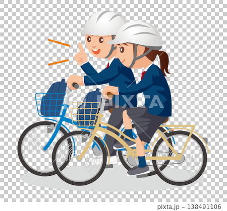 一名高中生戴著頭盔騎著自行車平行行駛 138491106