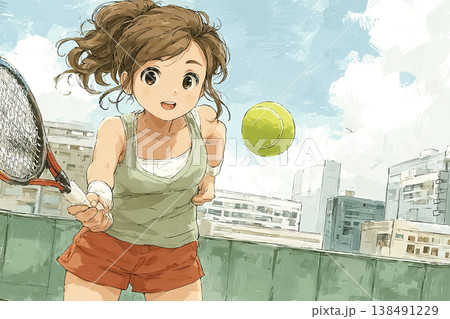 テニスのラリーでボールを打つ女性選手｜スポーツ競技のイラスト素材 138491229