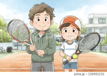 親子でテニス練習をする休日の時間｜ラケットとボールを持つ父親と女の子のイラスト素材 138491232
