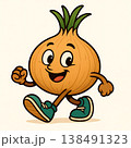 Cheerful cartoon onion character with green sprouts running in sneakers retro style illustration isolated on cream background 138491323