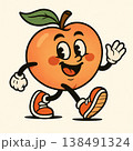 Cheerful cartoon peach character running with happy expression retro style illustration isolated on beige background 138491324