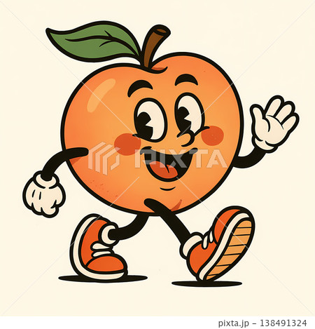 Cheerful cartoon peach character running with happy expression retro style illustration isolated on beige background 138491324