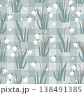 Seamless pattern with the first spring flowers. Vector illustration with graphic snowdrops, cute checkered background. 138491385