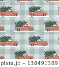Christmas seamless pattern with red truck and Xmas trees on gingham background. Winter print with hand drawn vintage car and holiday snowy tree. Vector illustration 138491389