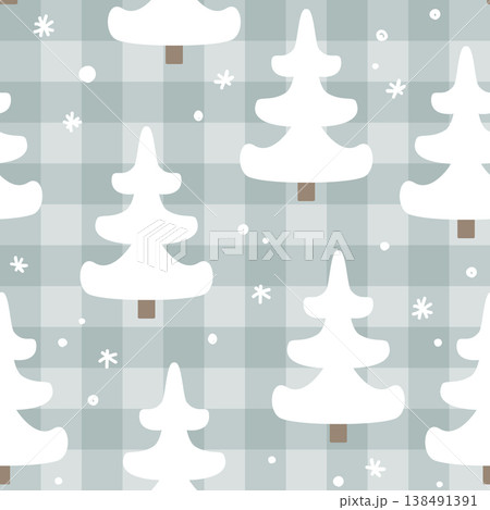 Christmas seamless pattern with fir trees on cute gingham background. Vector checkered plaid and cute winter forest hand drawn print for fashion, fabric, wrapping paper Christmas seamless pattern with fir trees on cute gingham background. Vector checkered plaid and cute winter forest hand drawn print for fashion, fabric, wrapping paper 138491391