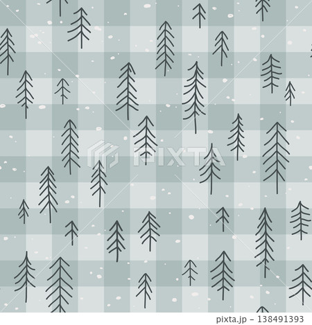 Christmas seamless pattern with fir trees on cute gingham background. Vector checkered plaid and cute winter forest hand drawn print for fashion, fabric, wrapping paper. Christmas seamless pattern with fir trees on cute gingham background. Vector checkered plaid and cute winter forest hand drawn print for fashion, fabric, wrapping paper. 138491393