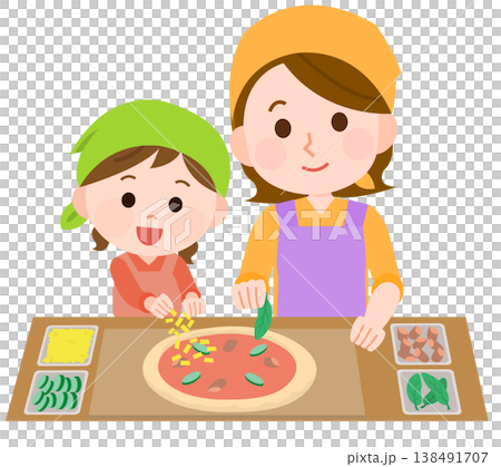 A girl and a woman putting toppings on a homemade pizza (illustration) A girl and a woman putting toppings on a homemade pizza (illustration) 138491707