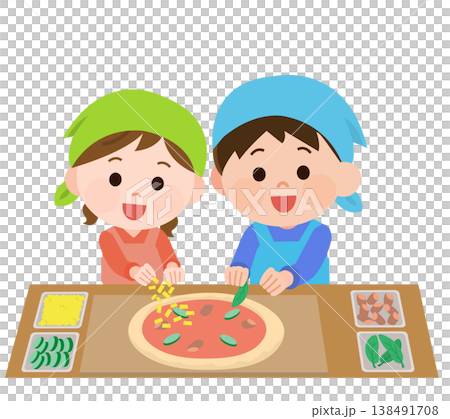 男孩和女孩正在為自製披薩放配料(插圖) 男孩和女孩正在為自製披薩放配料(插圖) 138491708