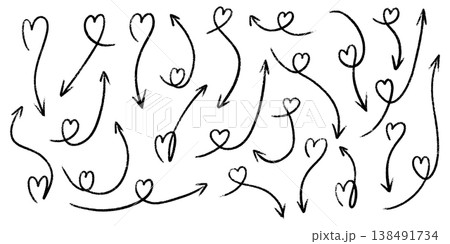 Crayon arrow and heart doodle set with marker strokes. Hand drawn pointer elements, chalk sketches and pencil scribbles. Rough textured Valentine icons with organic brush lines for romantic designs. Crayon arrow and heart doodle set with marker strokes. Hand drawn pointer elements, chalk sketches and pencil scribbles. Rough textured Valentine icons with organic brush lines for romantic designs. 138491734